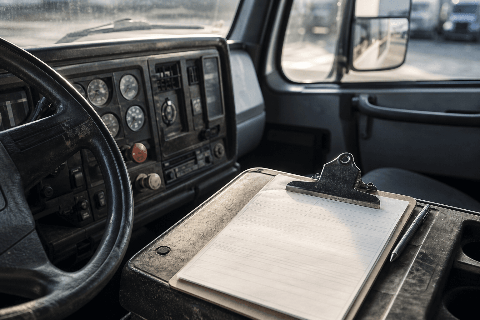 Clipboard and papers on a truck dashboard in morning light